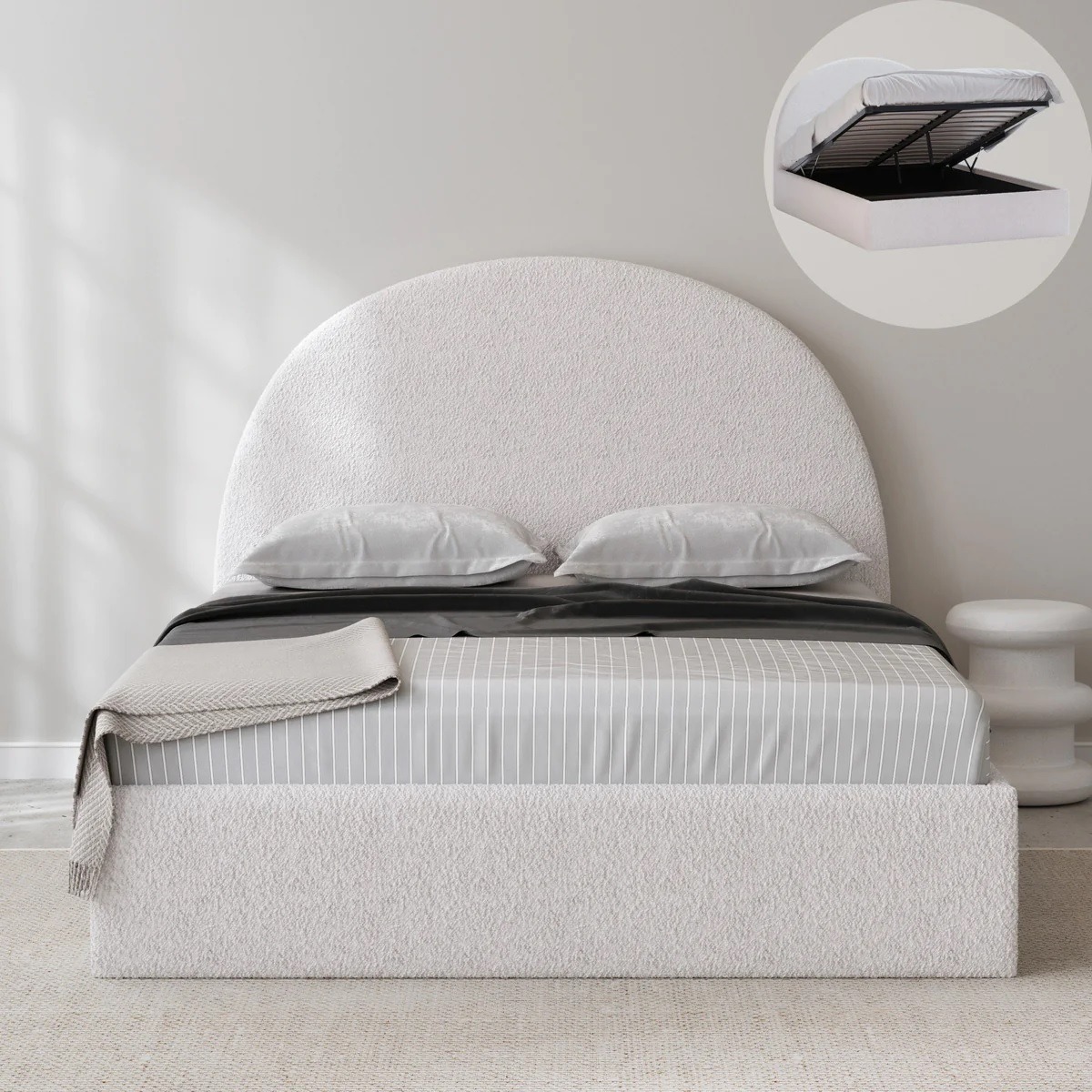 Atlantis Bouclé Ottoman Storage Bed - Optional Mattress
