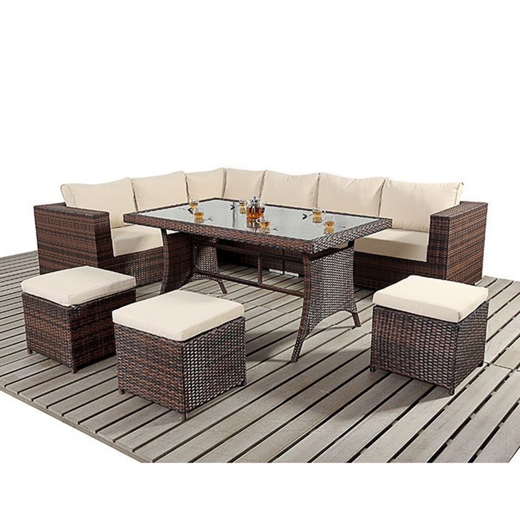 Rattan Corner Sofa and Stool Glass Dining Set