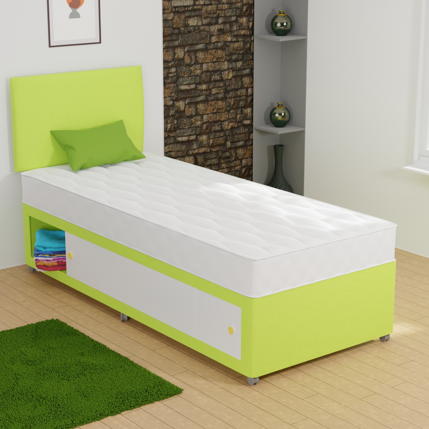 Kids Single Lime Green Divan Bed with Storage Options + Tufted Spring Mattress