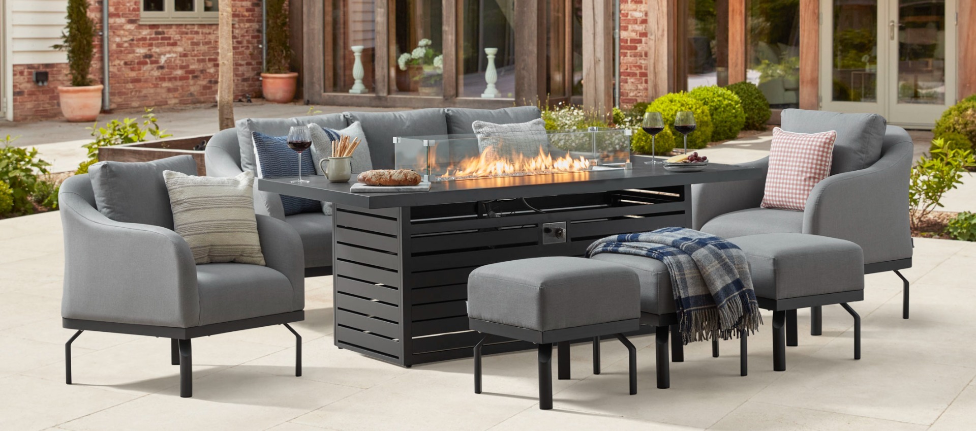 Belgravia 11E - 3 Seat Sofa Set with Gas Fire Pit Dining Table & Footstools