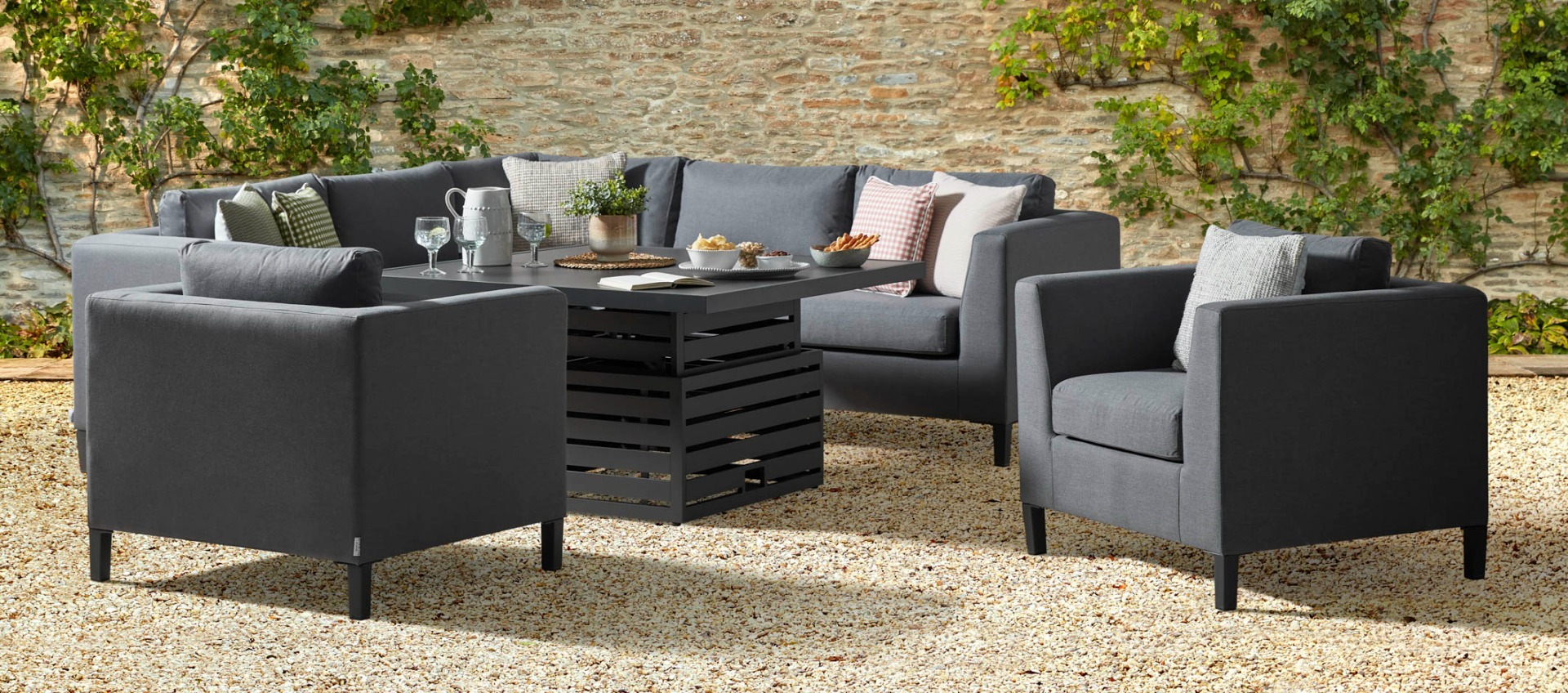 Birkin 1L - Corner Sofa with Square Rising Table and Armchairs
