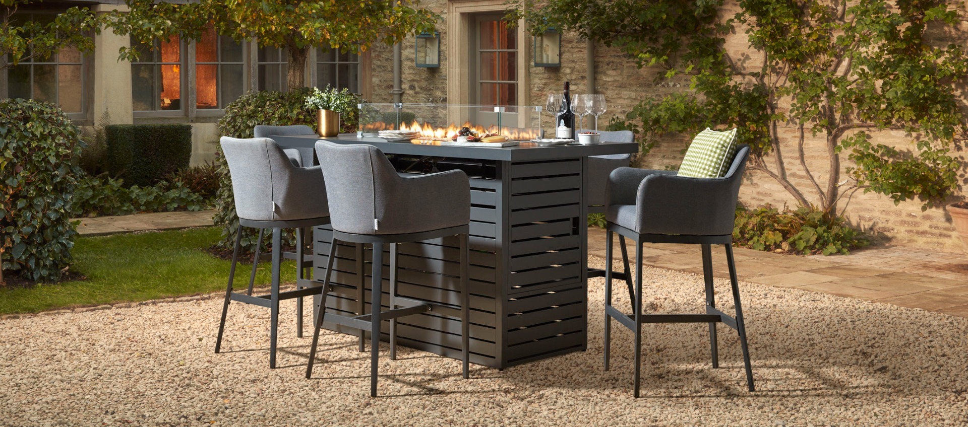 Birkin Bar Table 6G - 6 Bar Stools and Gas Fire Pit