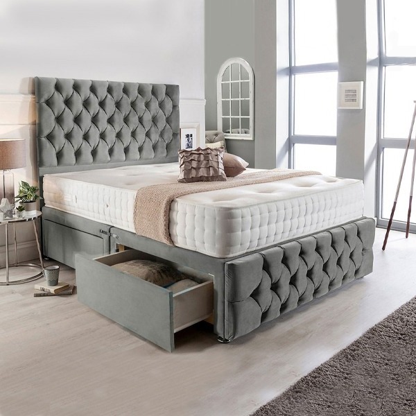 New Suede Divan Set + Matching Headboard & Footboard + Hand Tufted Pocket Spring Memory Mattress