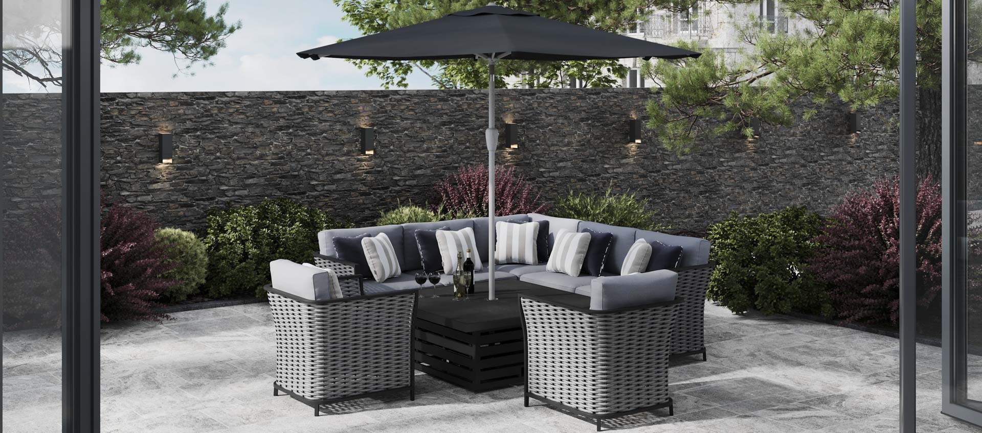 Talia 1L - Corner Sofa with Square Rising Table and Armchairs