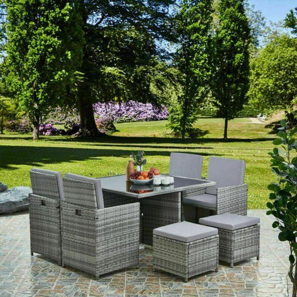 9pc Cube Rattan 8 Seater Garden Set, Rattan Garden Chairs Uk Grey