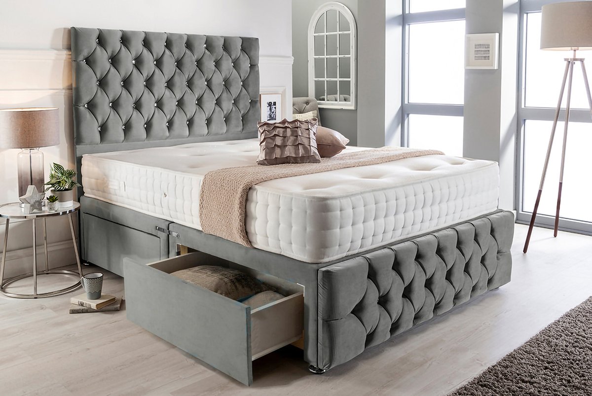 SILVER, 4FT 0 DRAWS SUEDE FABRIC DIVAN BED WITH MEMORY FOAM MATTRESS FREE HEADBOARD STORAGE DRAWERS by Luxurious Nights.