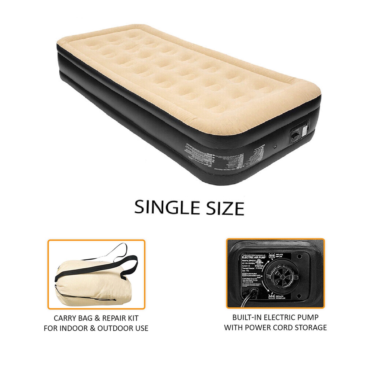 Inflatable High Raised Double Air Bed Mattress Builtin Electric Pump